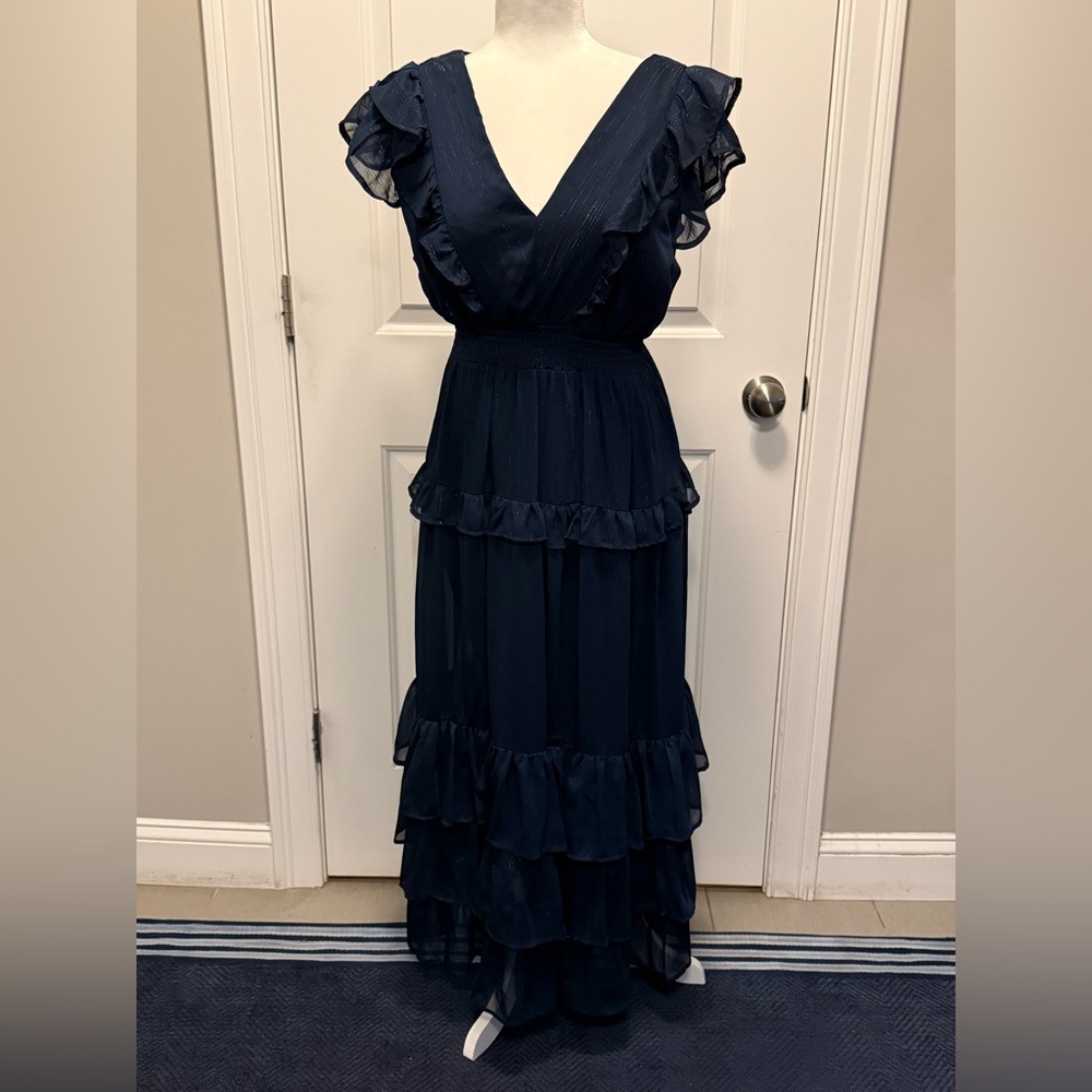 AQUA Elegant Navy metallic Blue Ruffled Maxi Dress